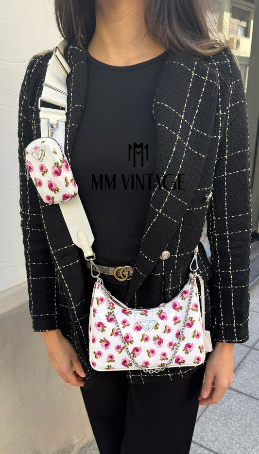 Borsa Re-Edition 2005 in Re-Nylon e Saffiano con motivo rose Prada