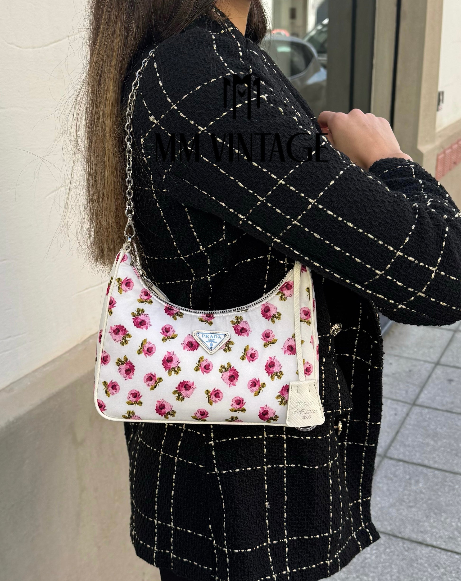 Borsa Re-Edition 2005 in Re-Nylon e Saffiano con motivo rose Prada