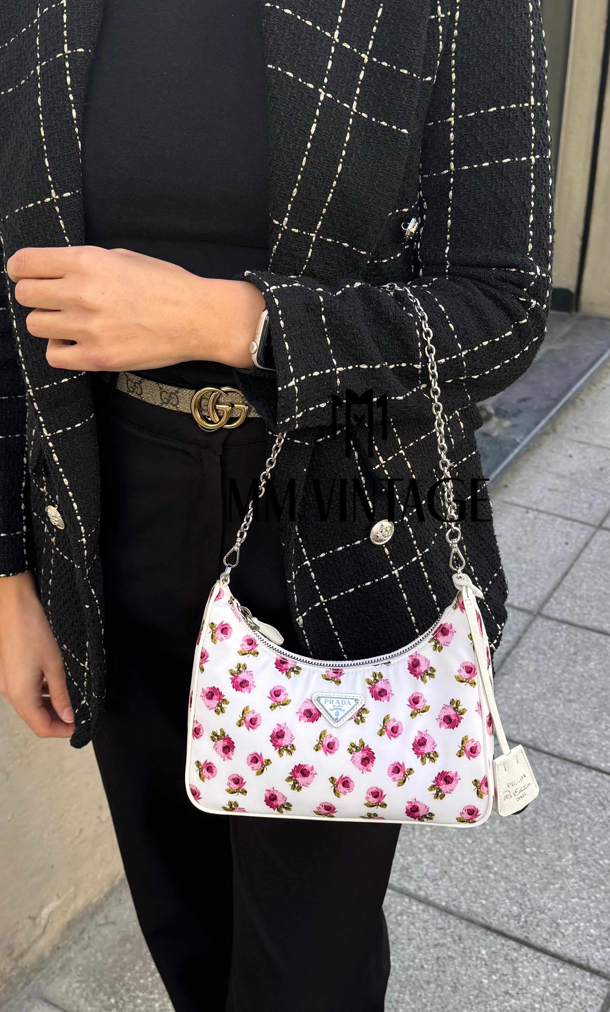 Borsa Re-Edition 2005 in Re-Nylon e Saffiano con motivo rose Prada