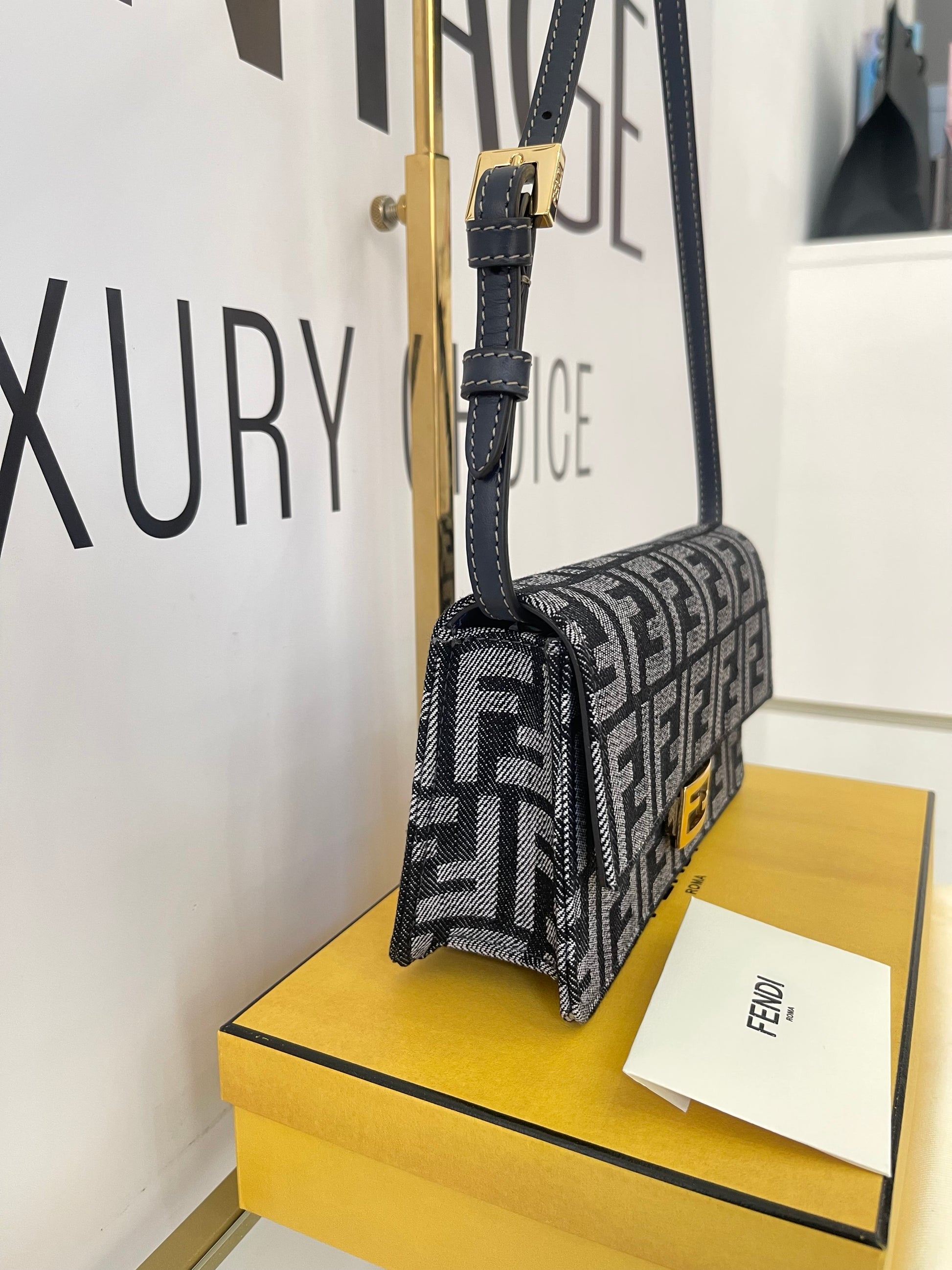 Wallet On Chain Baguette in denim Fendi