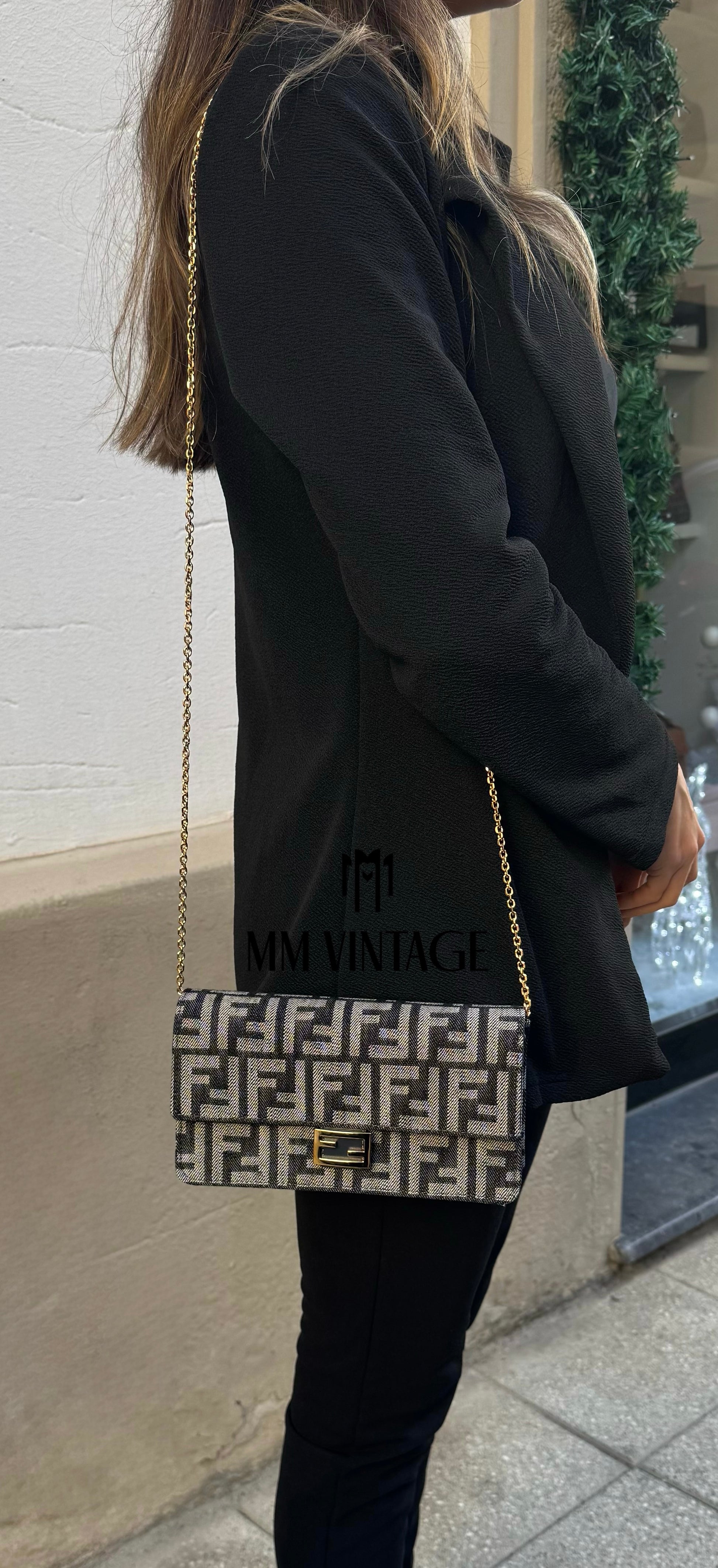 Wallet On Chain Baguette in denim Fendi