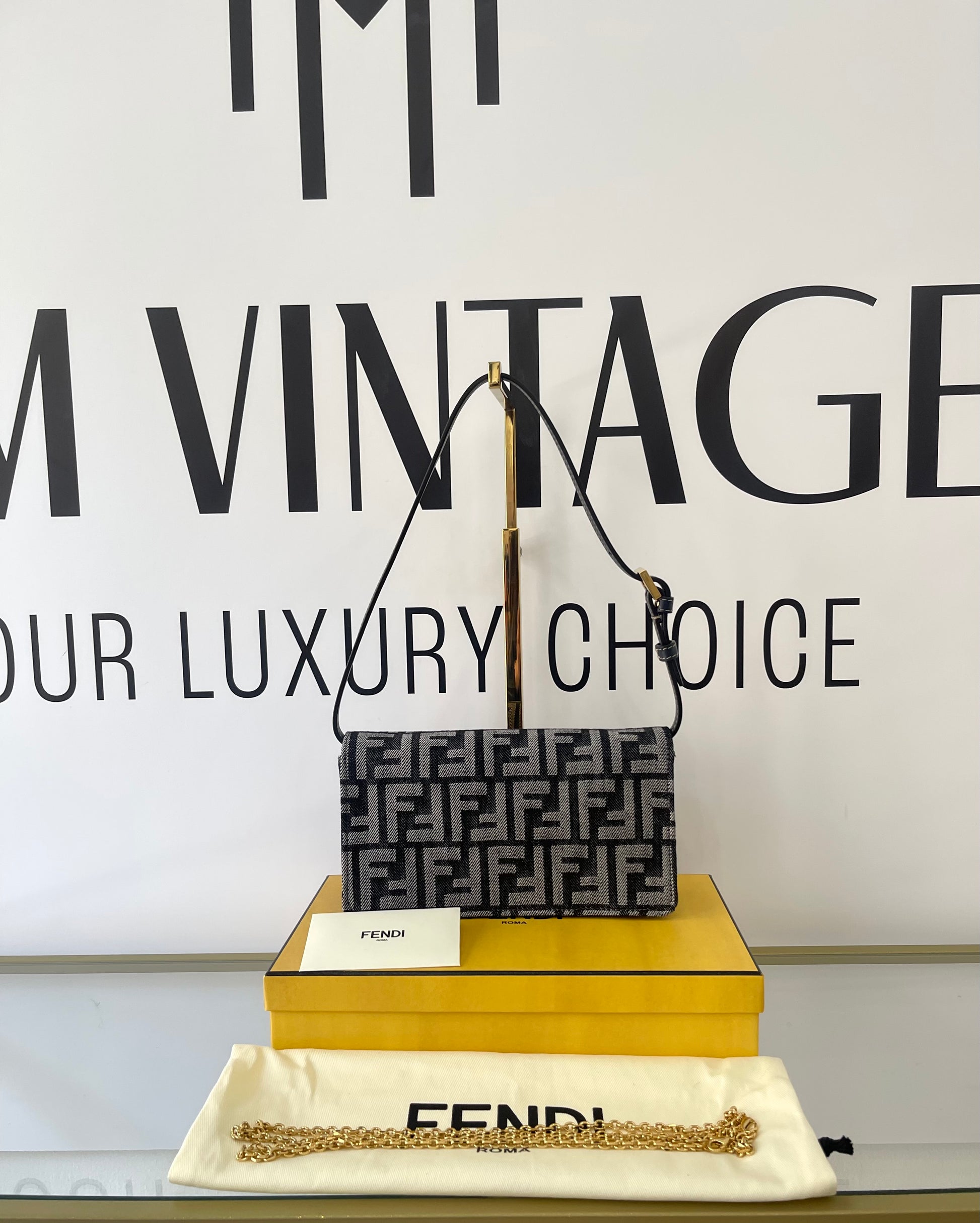 Wallet On Chain Baguette in denim Fendi