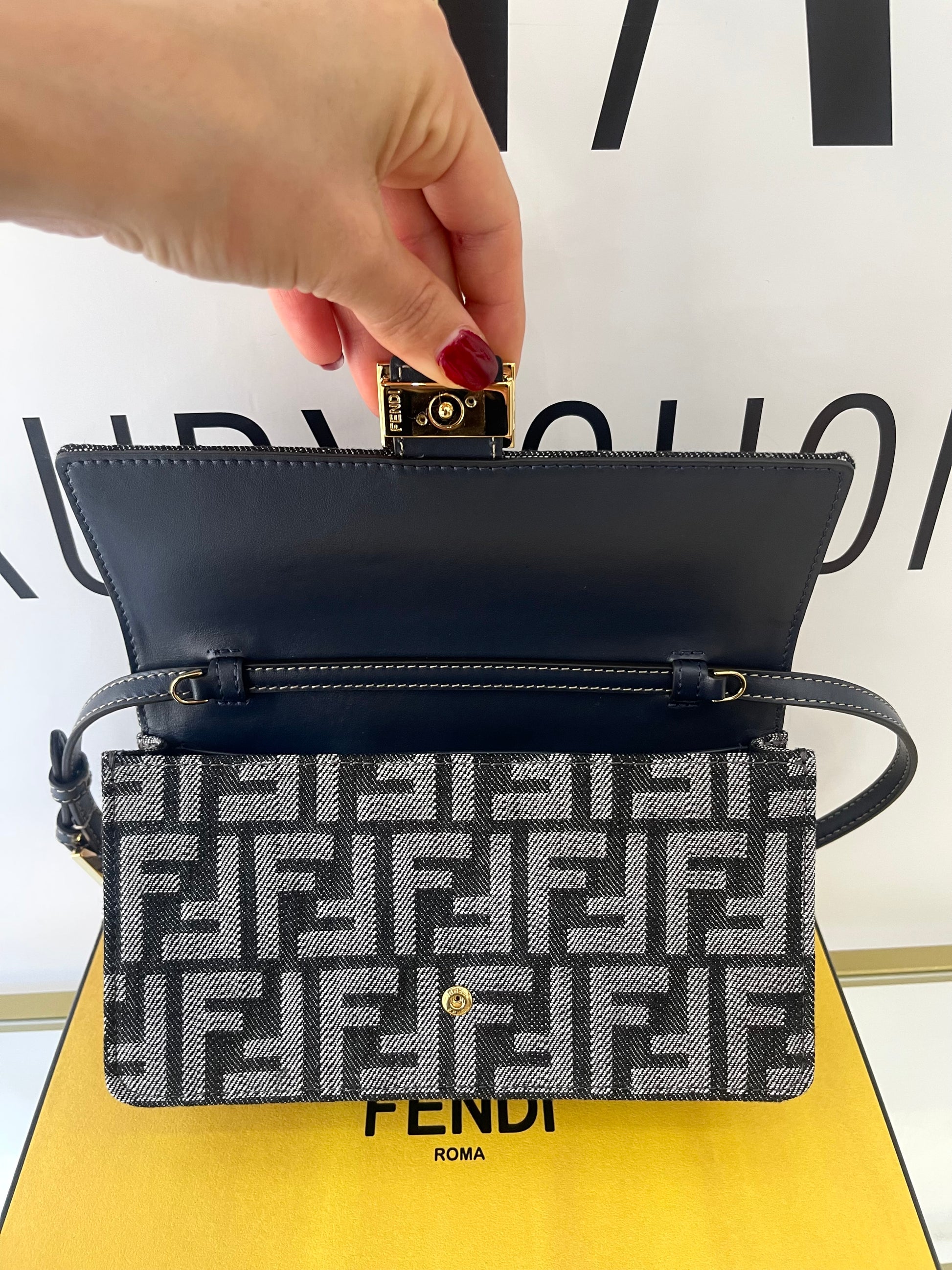 Wallet On Chain Baguette in denim Fendi