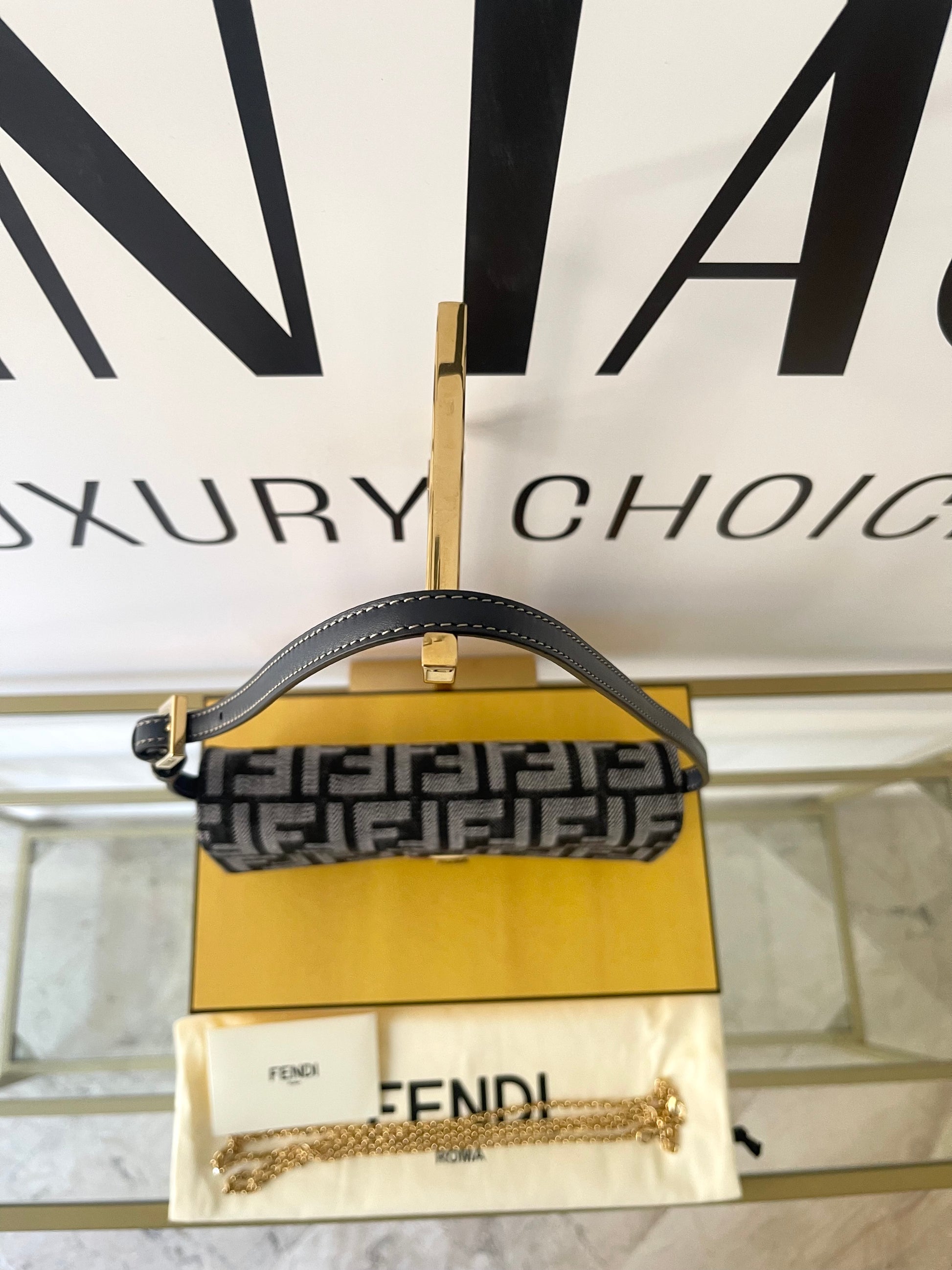 Wallet On Chain Baguette in denim Fendi