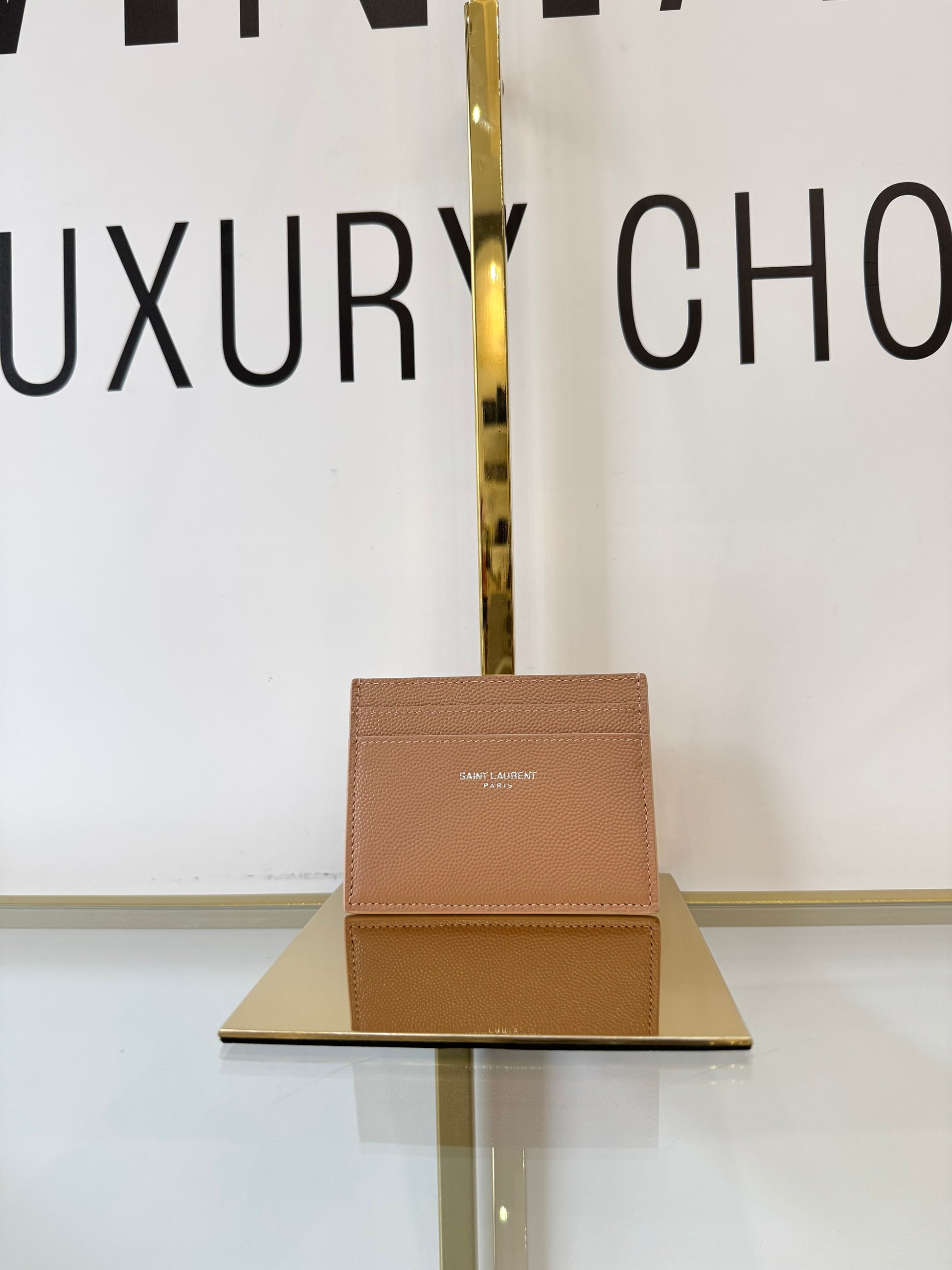 Portacarte in pelle martellata Saint Laurent beige scuro