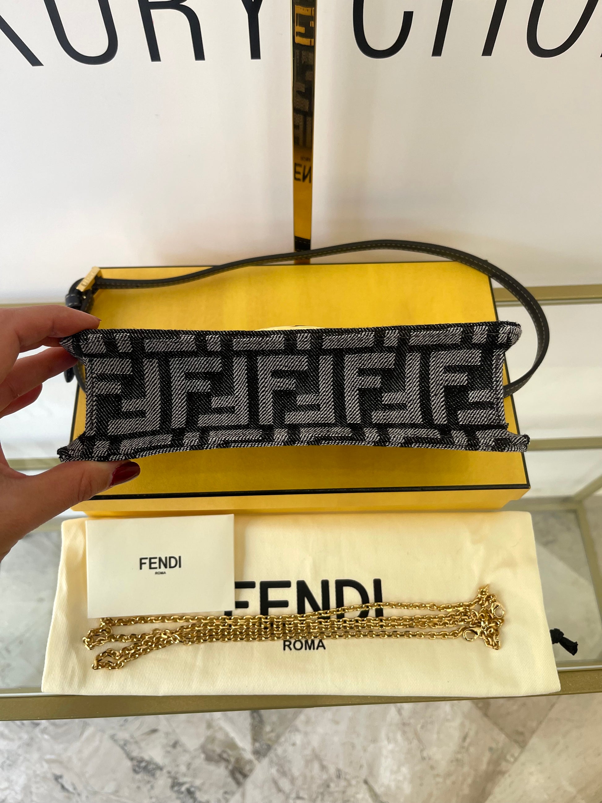 Wallet On Chain Baguette in denim Fendi