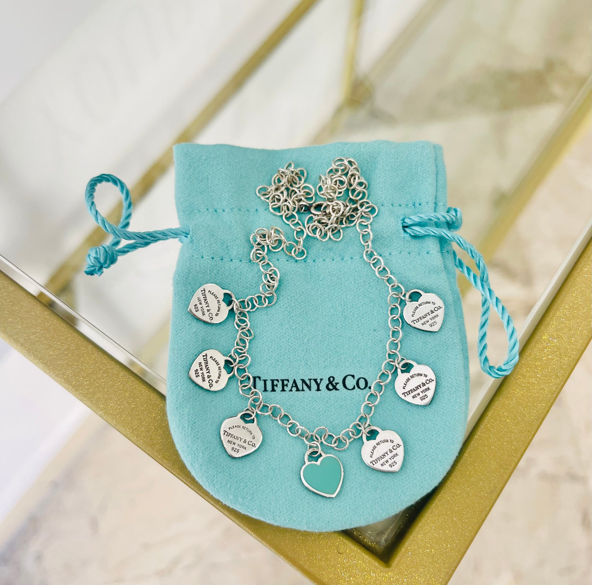 Collana multi ciondoli cuori mini smaltato verde Tiffany