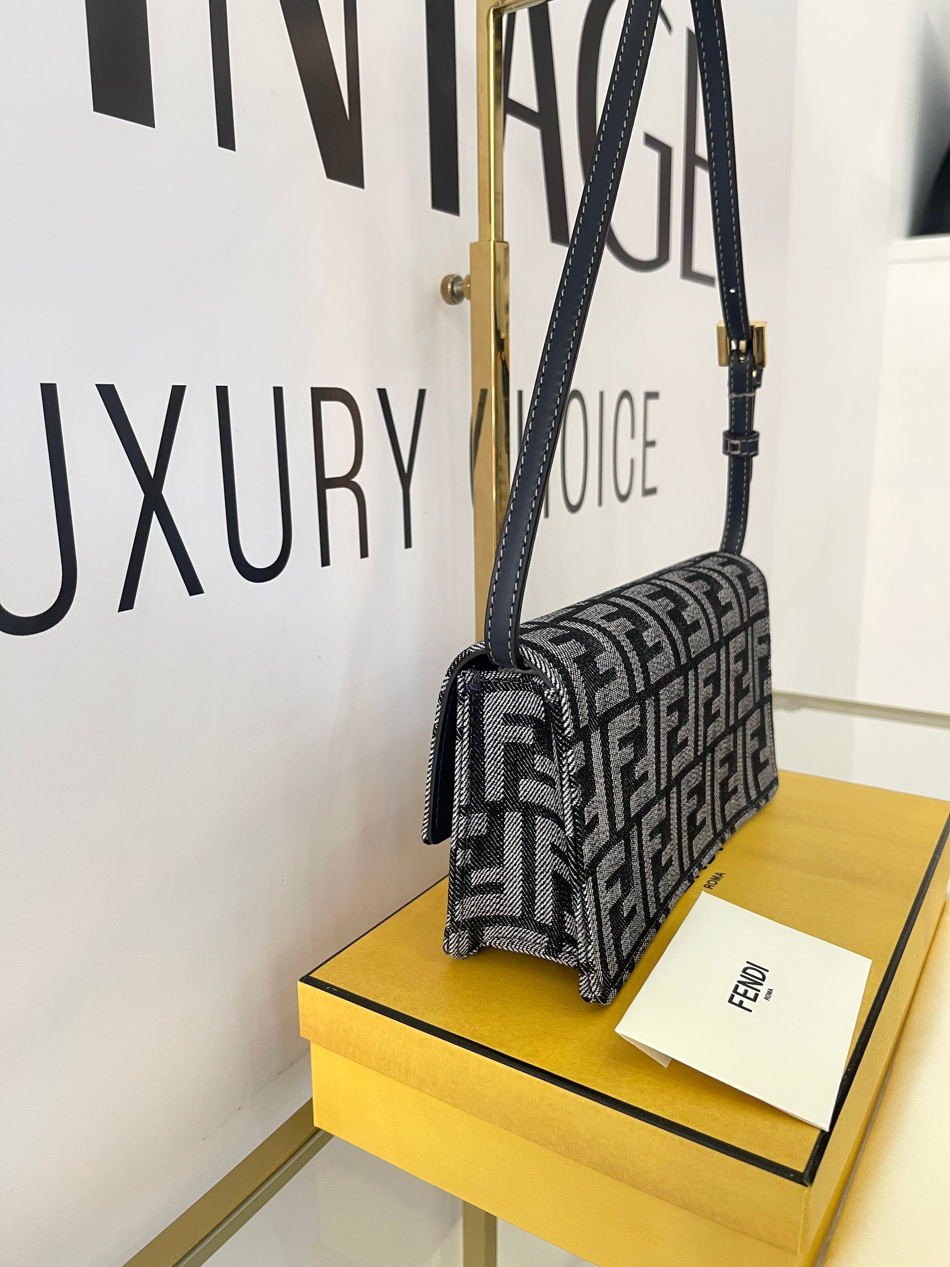 Wallet On Chain Baguette in denim Fendi