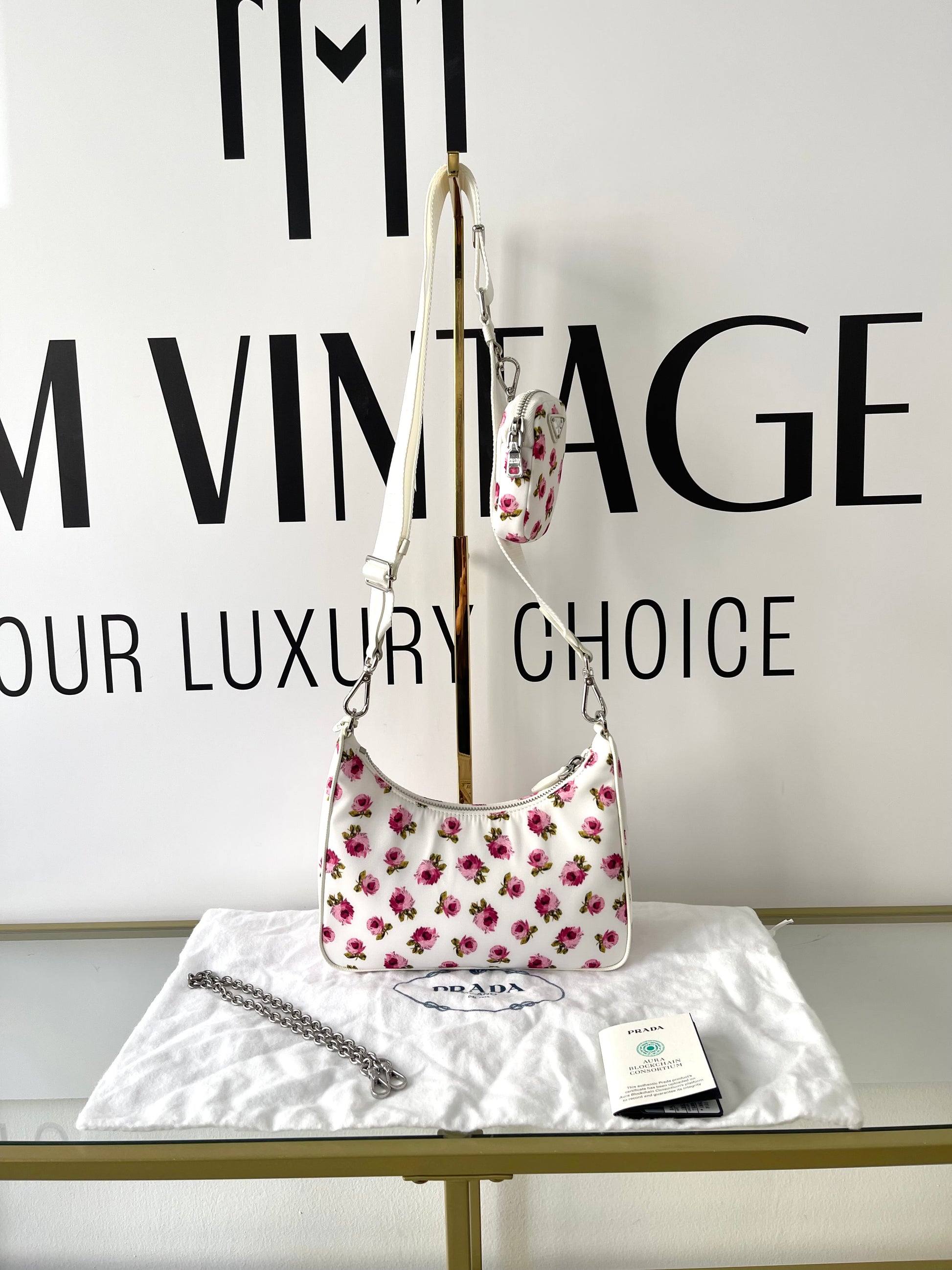 Borsa Re-Edition 2005 in Re-Nylon e Saffiano con motivo rose Prada