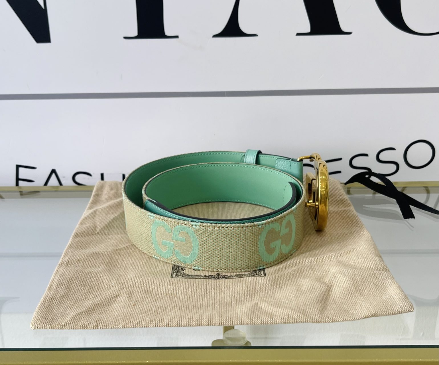 Cintura GG Marmont Jumbo beige/verde menta 4 cm Gucci