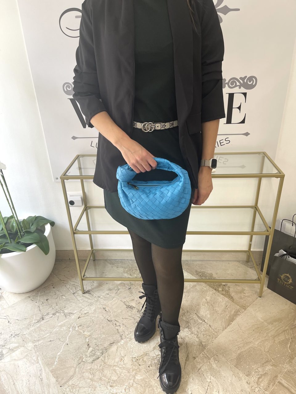 Borsa Mini Jodie con motivo intrecciato blu Bottega Veneta