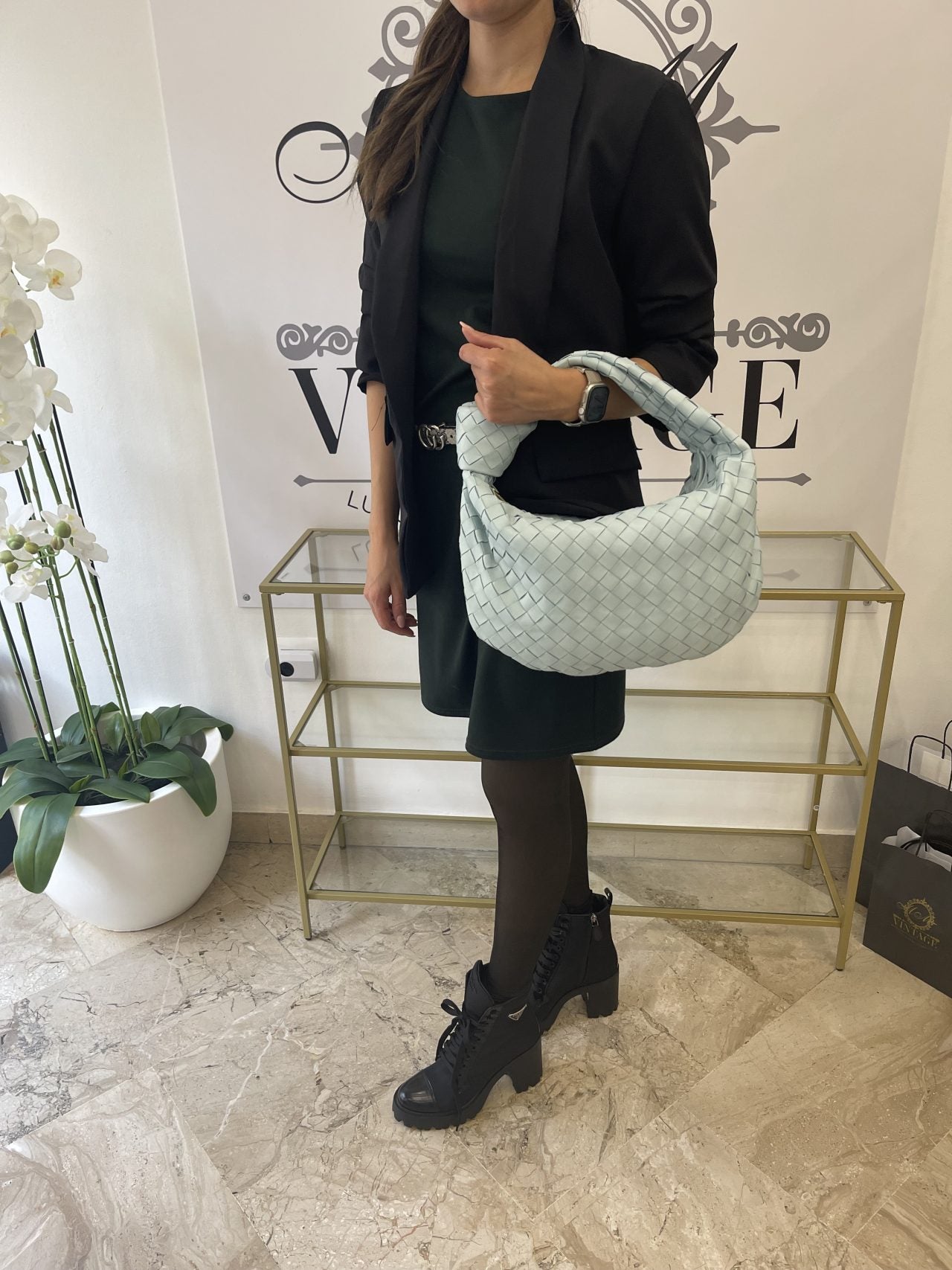 Borsa Jodie teen con motivo intrecciato azzurro Bottega Veneta