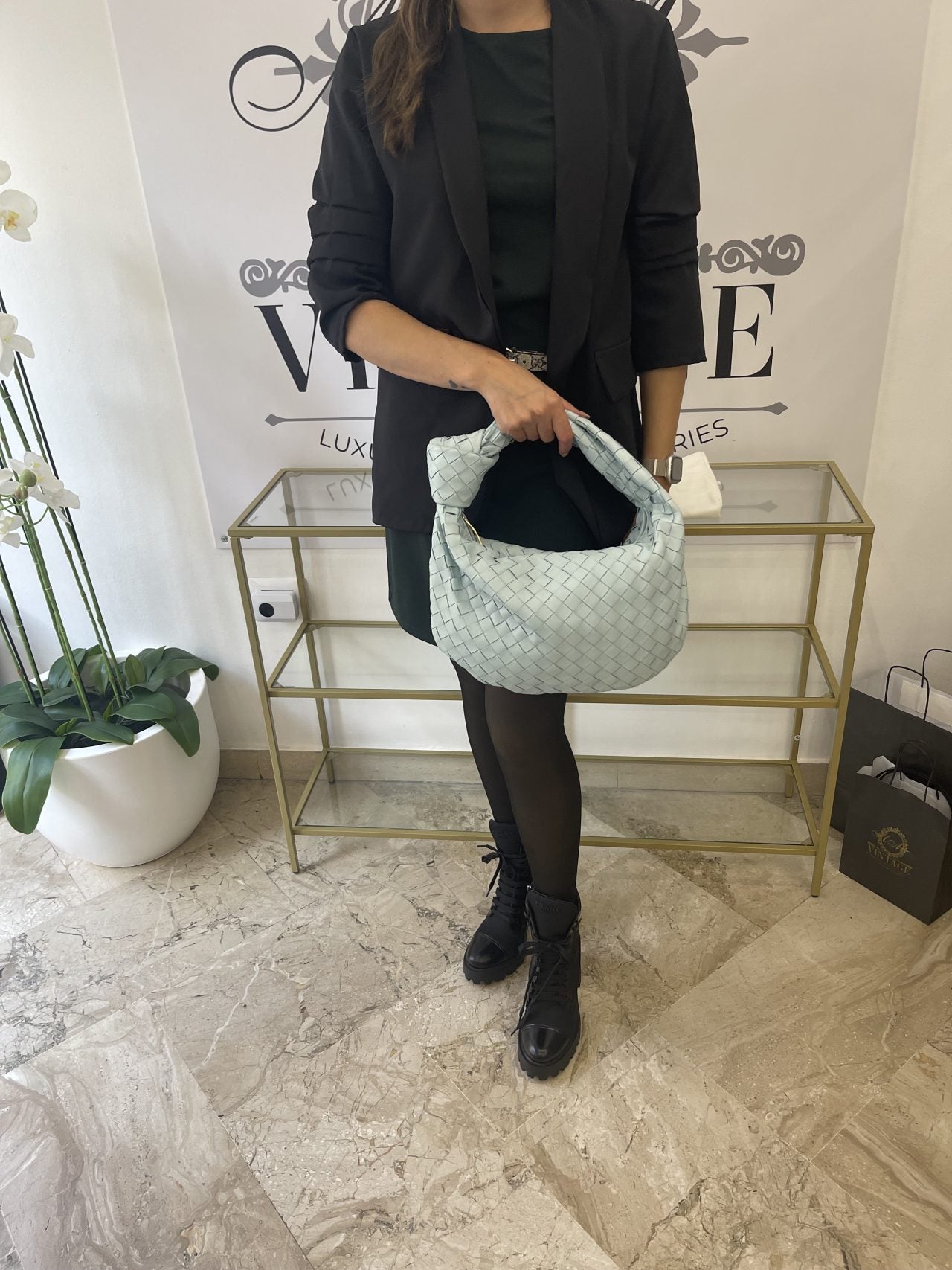 Borsa Jodie teen con motivo intrecciato azzurro Bottega Veneta